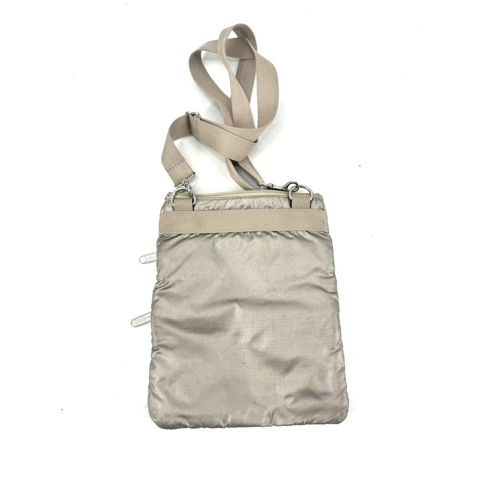 LeSportsac Quinn Crossbody Bag Metallic Taupe Nylon Triple Zip Messenger Purse - Picture 2 of 3